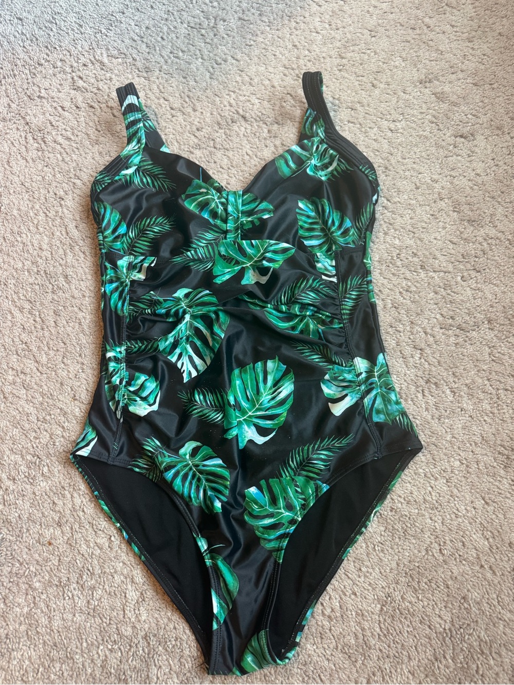 Tropical Leaf One-Piece Swimsuit - Green on Black from Amazon, size medium